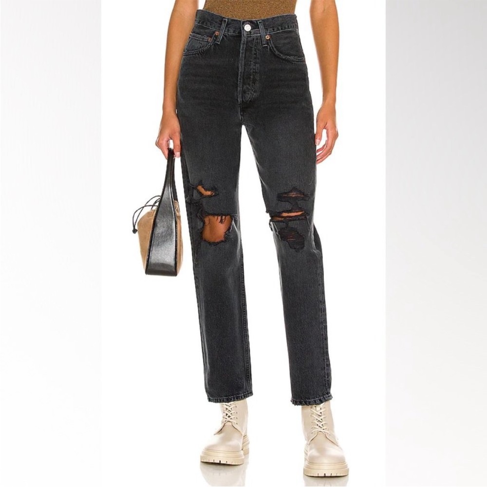 Agolde Women's Washed Black 90's Mid Rise Distressed  Loose Fit Jeans